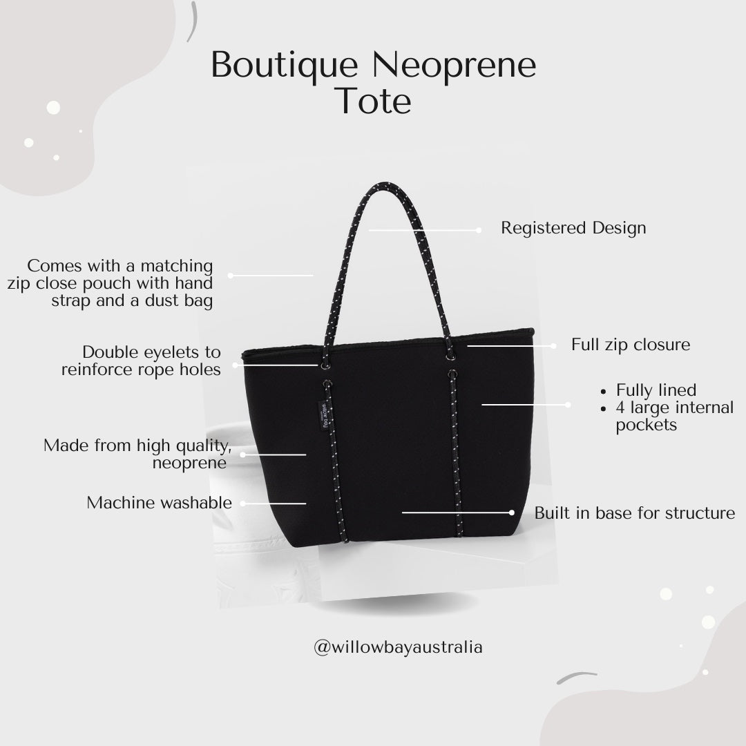 BOUTIQUE Neoprene Tote Bag With Zip - DARK MARLE-BOUTIQUE Neoprene Tote Bag With Zip - MARLE/BLACK - Willow Bay-Offering gorgeous chic style & functionality, our marle/black boutique neoprene tote bags are ideal for everyday use. Free shipping for AU & NZ. Shop now!-neoprene bag-shopping bag-handbag-travel bag-washable-vegan bag-Willow Bay Australia