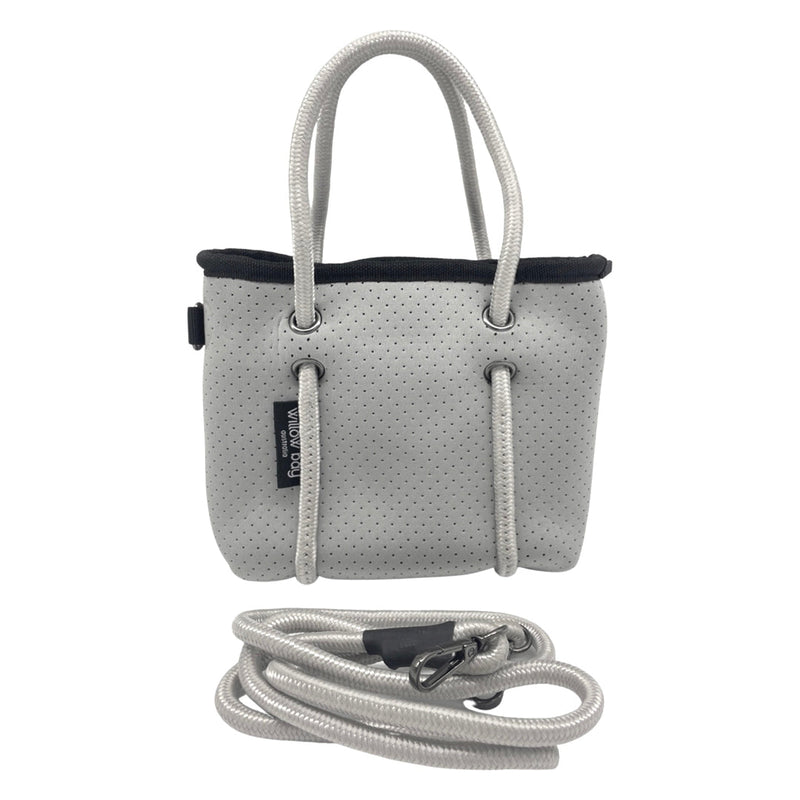 BOUTIQUE TINY Signature Neoprene Tote Bag With Zip - Light Grey-Willow Bay BOUTIQUE TINY Signature Neoprene Tote Bag - Light Grey Our signature collection is a unique addition to our Boutique Tiny range. With the same features as our traditional Boutique Tiny tote with the addition of the Willow Bay branded lining and the sailing rope handle in a single colour to match the bag. The newest addition to the Boutique Family, meet the Tiny! This bag is seriously cool. The perfect companion when needing to store