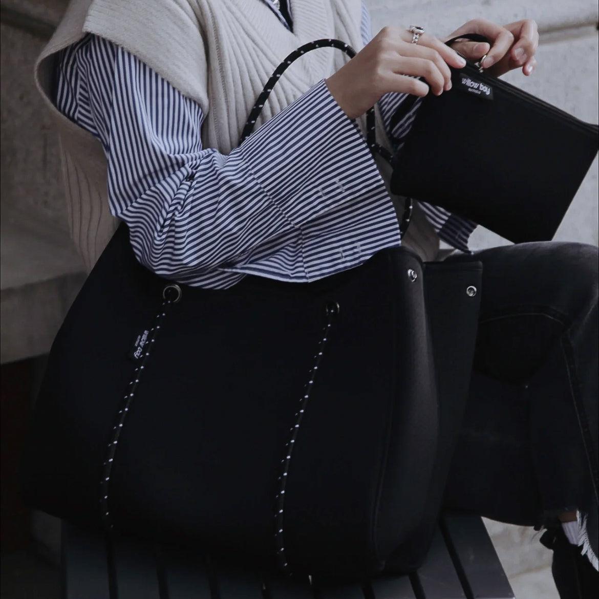 DAYDREAMER Neoprene Tote Bag With Closure - BLACK-DAYDREAMER Neoprene Tote Bag With Closure - BLACK - Willow Bay-Stunning, stylish and functional, our black daydreamer neoprene tote bags are perfect for everyday use. Free shipping for AU & NZ. Shop Now!
-neoprene bag-shopping bag-handbag-travel bag-washable-vegan bag-Willow Bay Australia