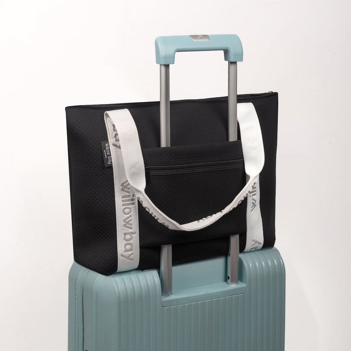 BOUTIQUE TRAVEL Neoprene Tote Bag With Zip (with luggage/trolley sleeve) - BLACK (WITH WHITE HANDLE)