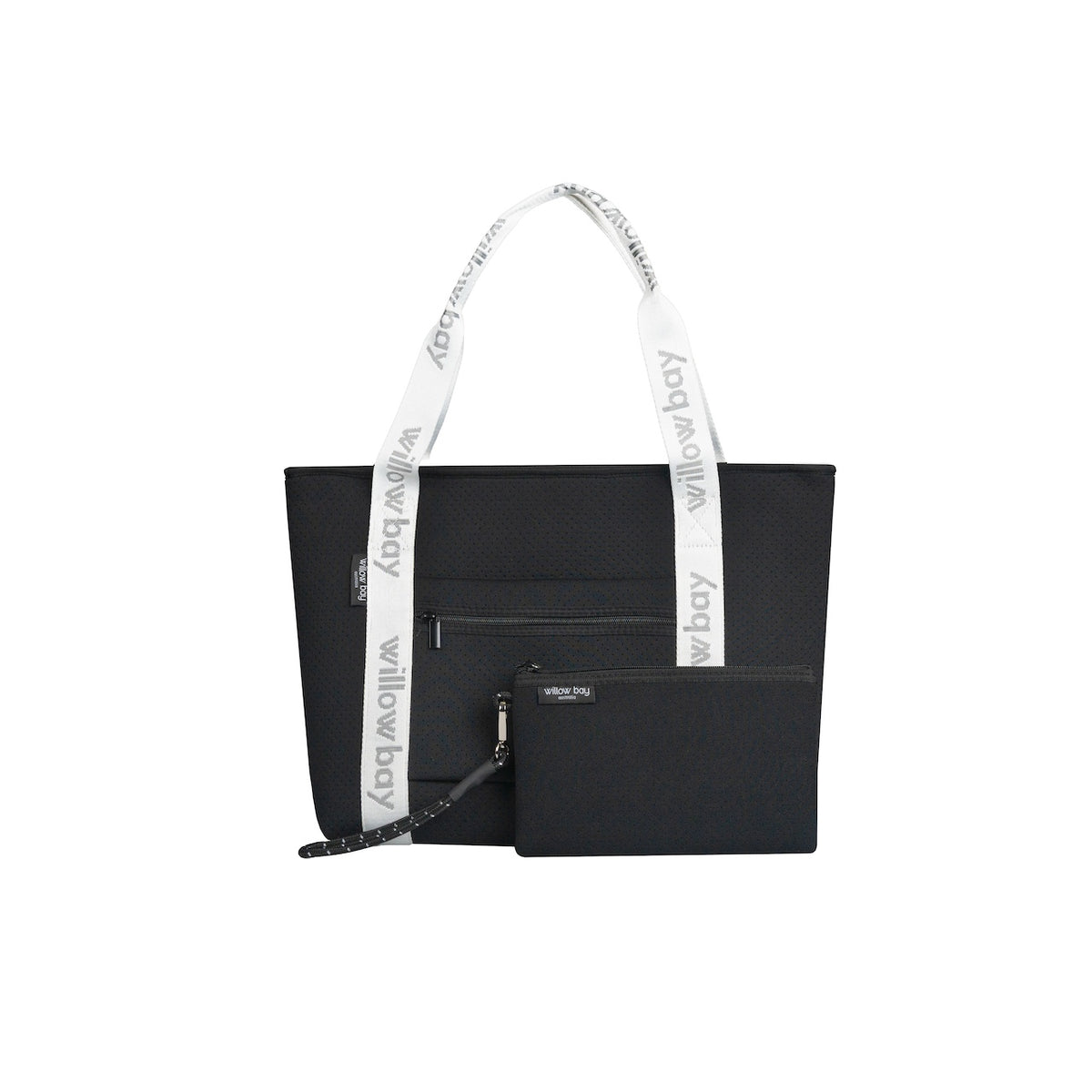 BOUTIQUE TRAVEL Neoprene Tote Bag With Zip (with luggage/trolley sleeve) - BLACK (WITH WHITE HANDLE)