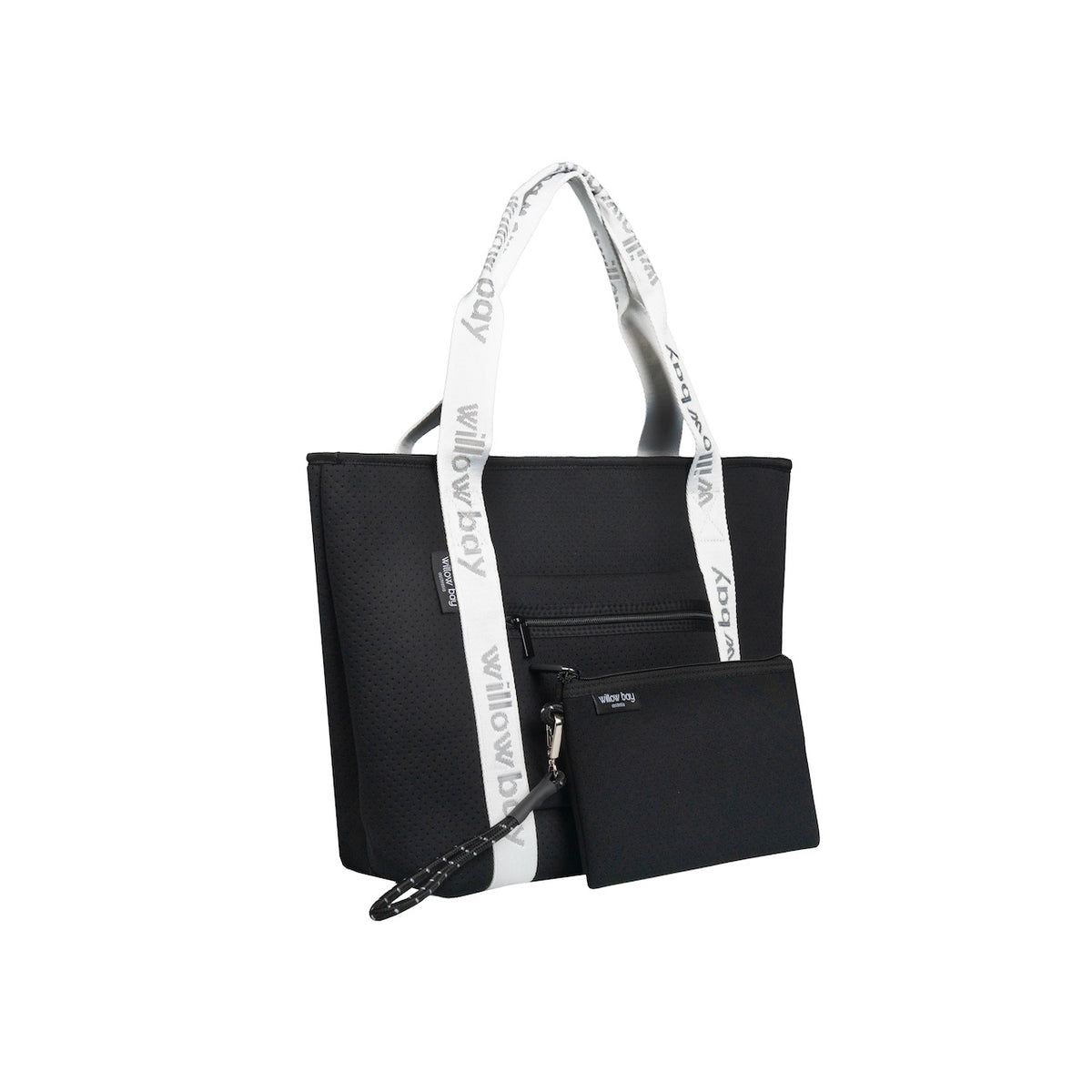 BOUTIQUE TRAVEL Neoprene Tote Bag With Zip (with luggage/trolley sleeve) - BLACK (WITH WHITE HANDLE)