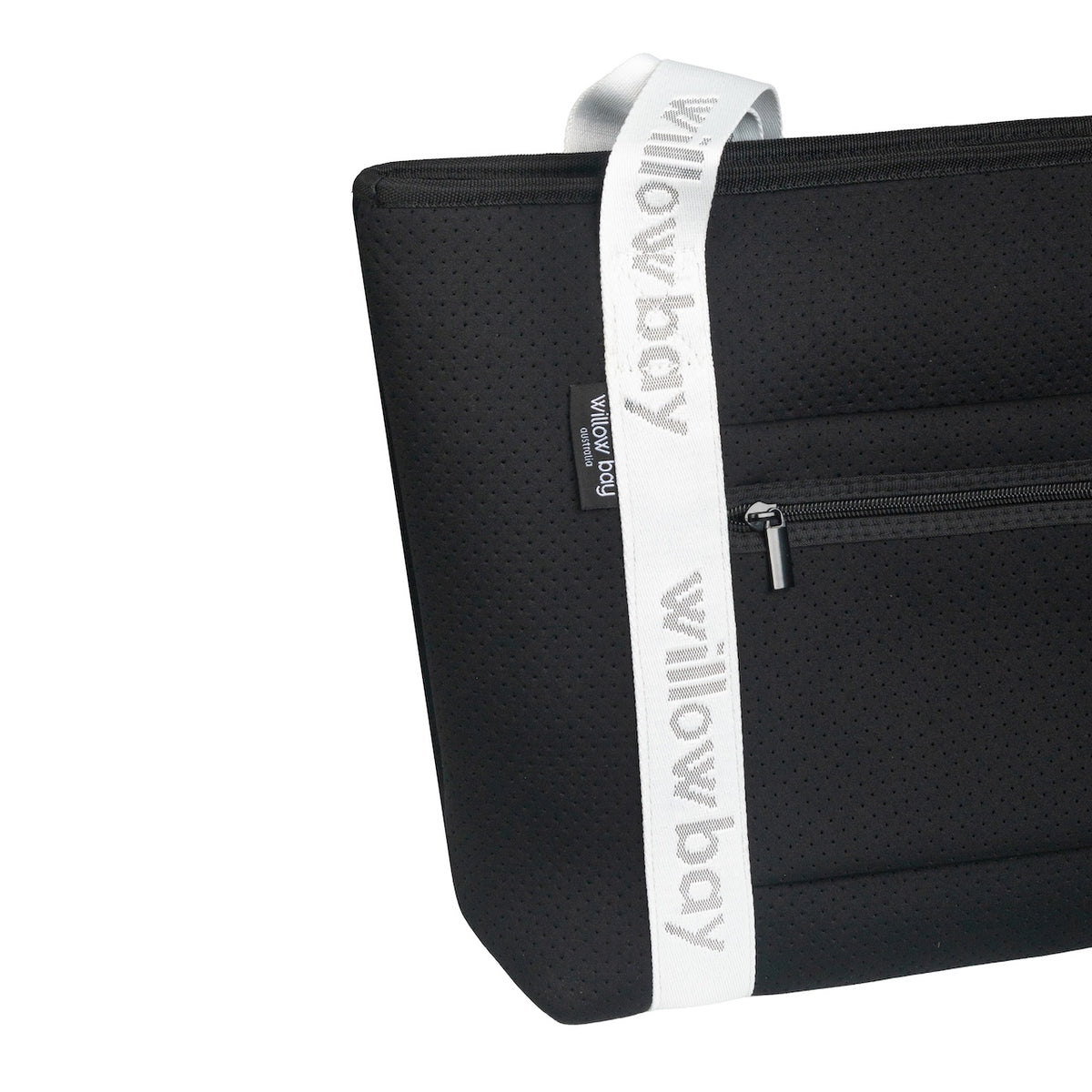 BOUTIQUE TRAVEL Neoprene Tote Bag With Zip (with luggage/trolley sleeve) - BLACK (WITH WHITE HANDLE)