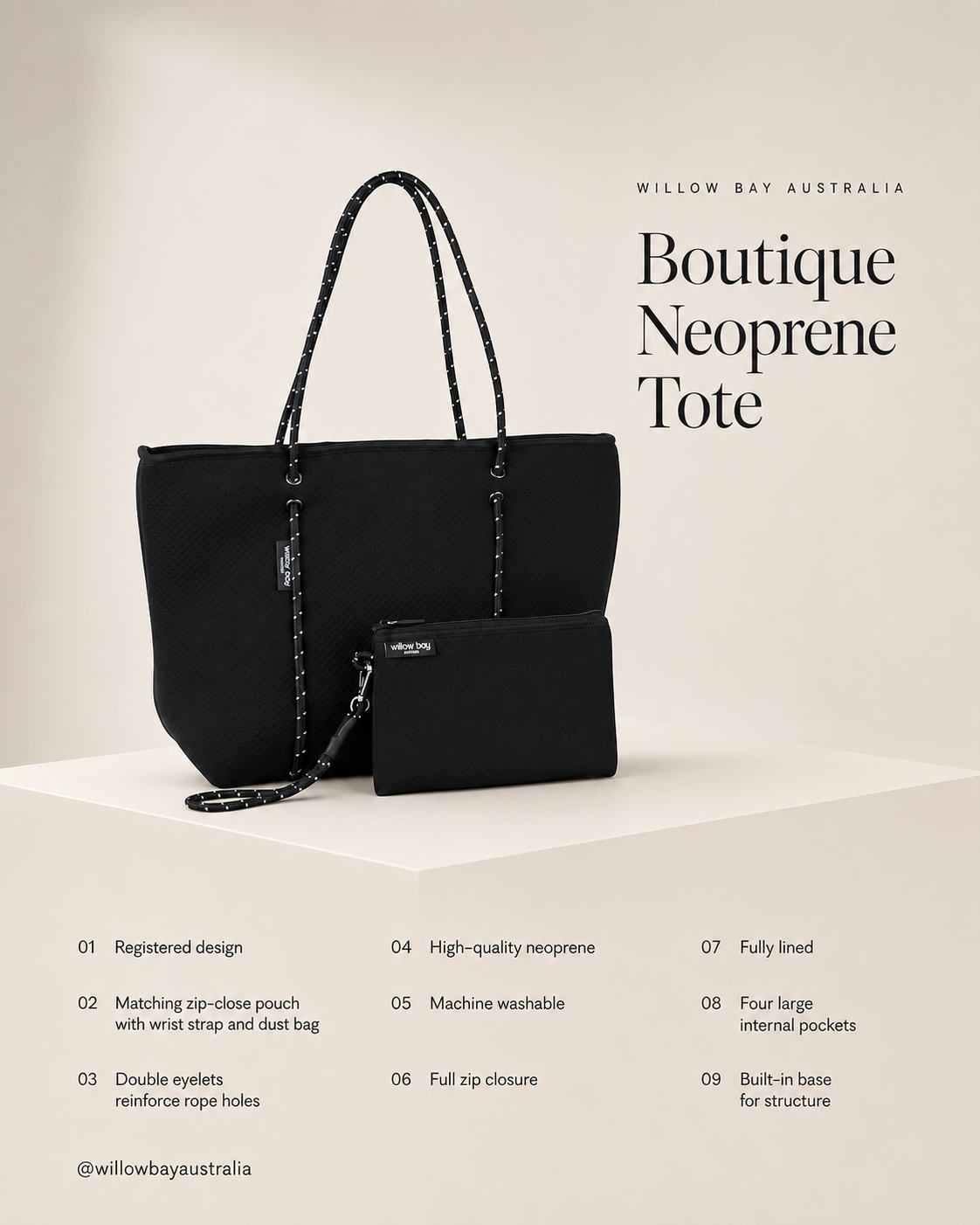 BOUTIQUEネオプレントートバッグジップ付き-ブラック