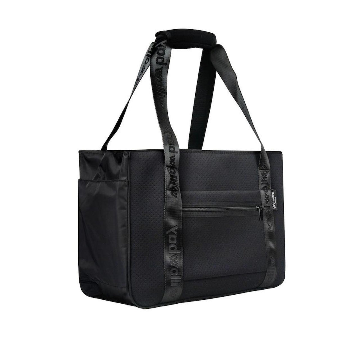 Black neoprene pet carrier with mesh panels, front zip pocket, and branded shoulder straps.
