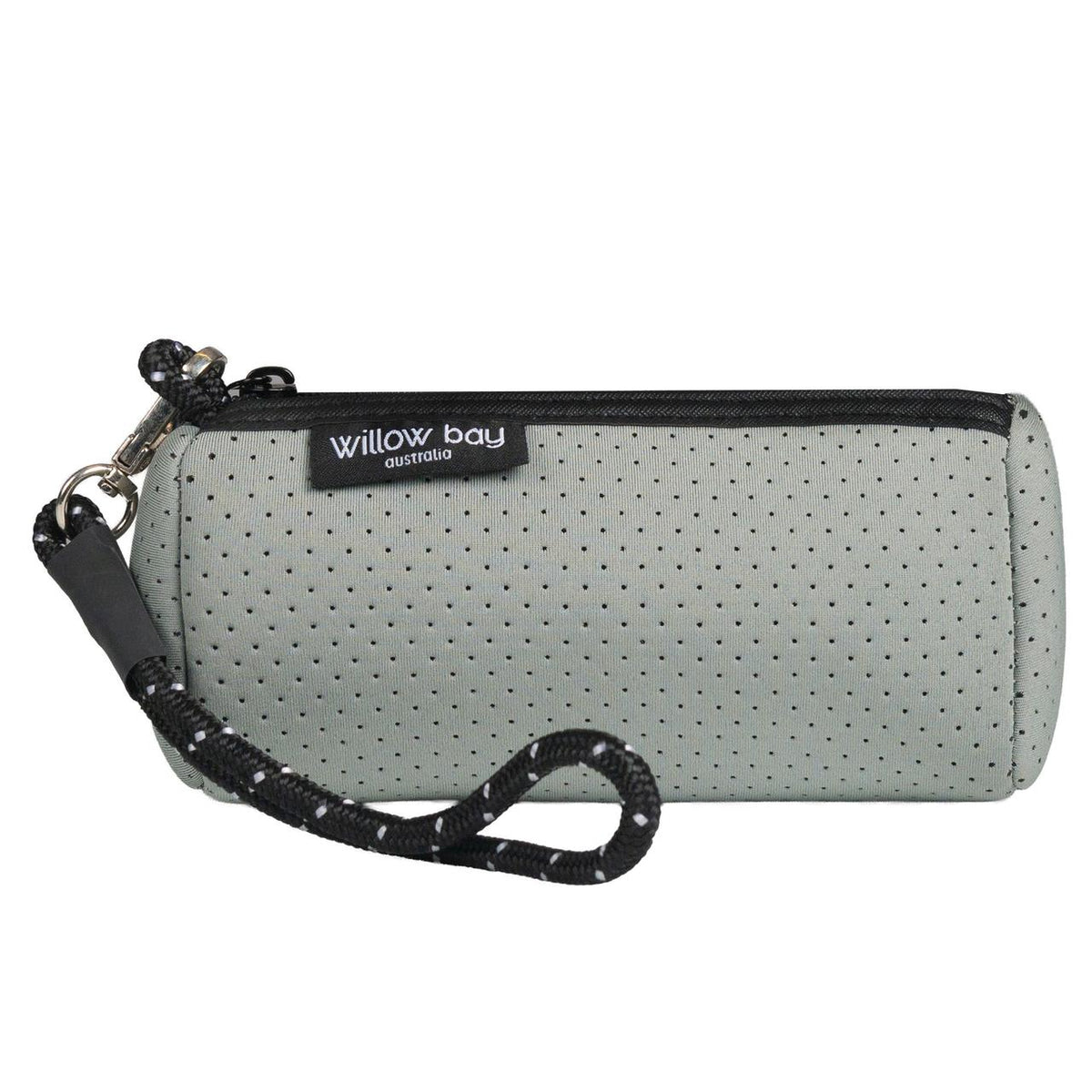 Willow Bay grey neoprene wristlet clutch with black zipper, rope strap, and logo.