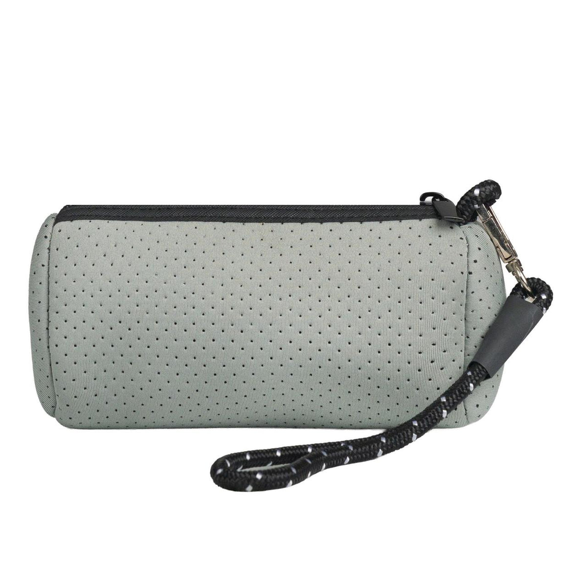 Grey neoprene wristlet clutch with perforated texture, black zipper, and black rope wrist strap.