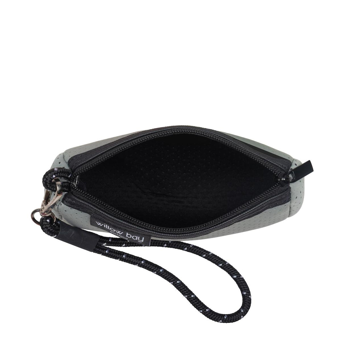 Grey neoprene wristlet clutch, open to show black interior, with a black rope wrist strap.