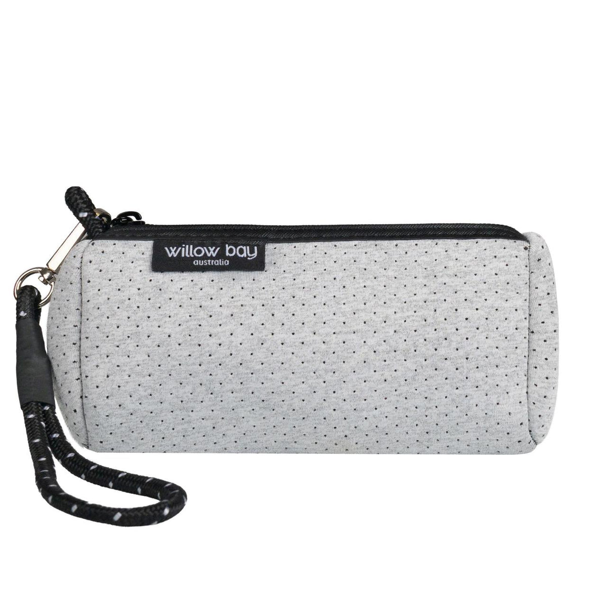 Light marle neoprene wristlet clutch with black trim, zipper, and detachable rope strap.