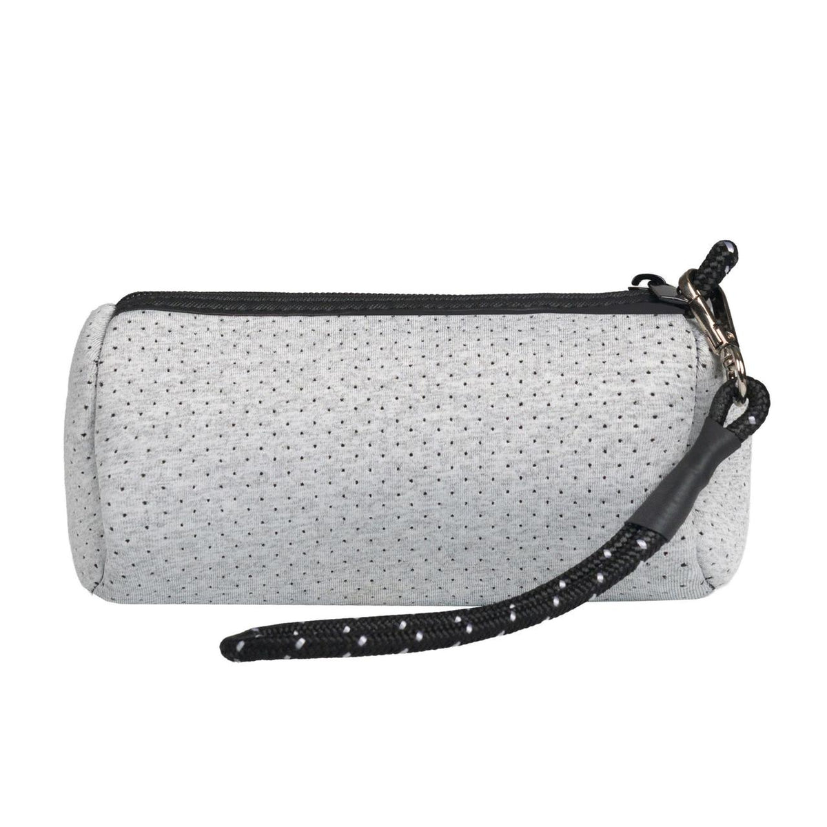 Light marle neoprene wristlet clutch with black zipper, black rope strap, and silver clasp.