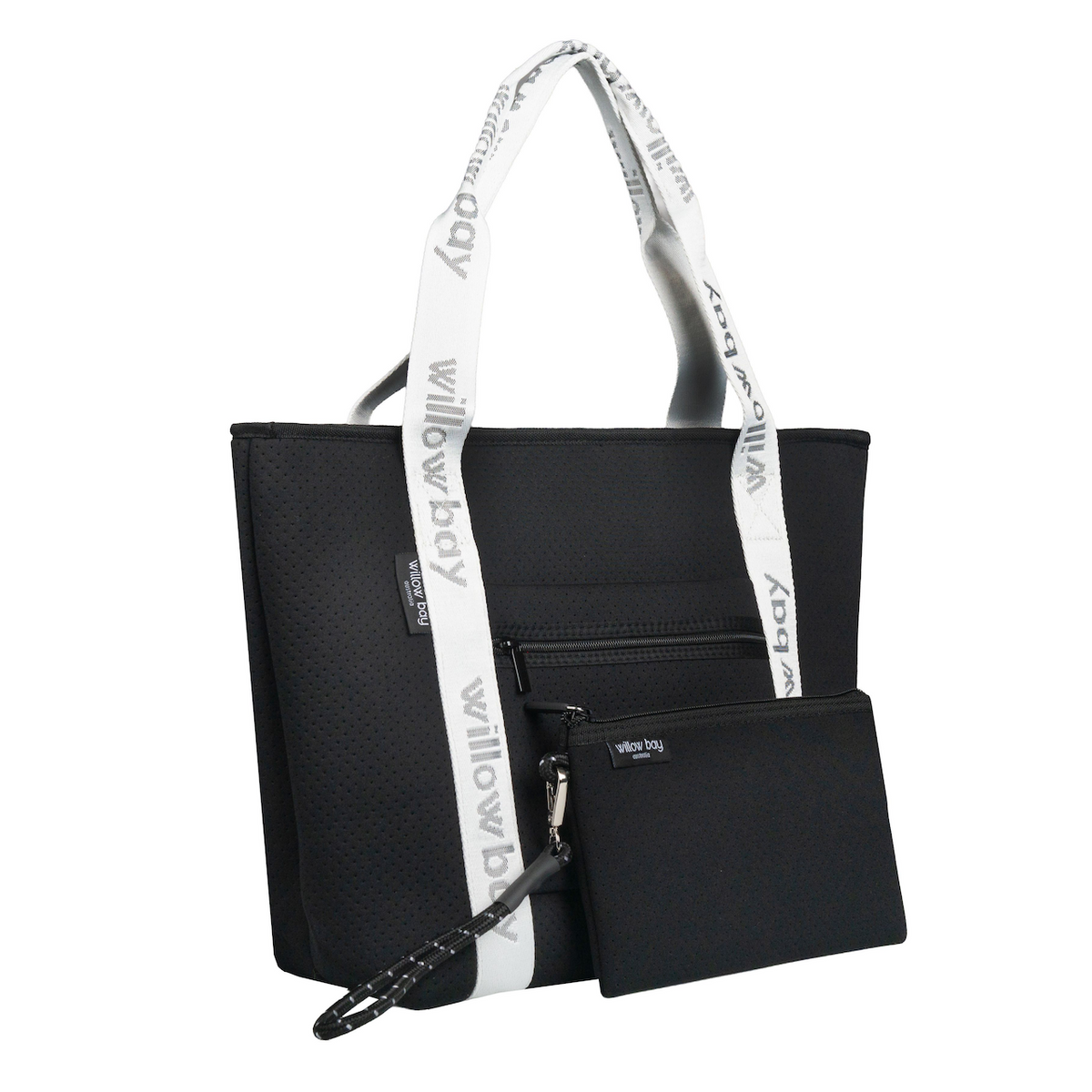 BOUTIQUE TRAVEL Neoprene Tote Bag With Zip (with luggage/trolley sleeve) - BLACK (WITH WHITE HANDLE)