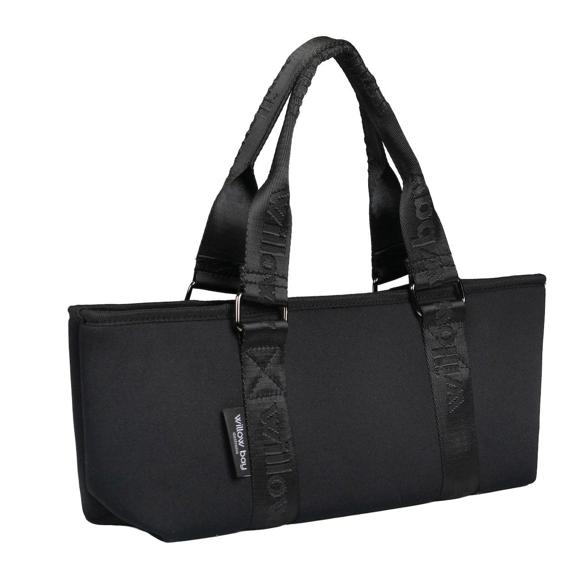 Black Willow Bay neoprene wine carry bag with woven logo straps.
