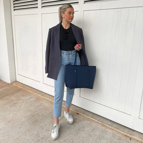 BOUTIQUE SIGNATURE Neoprene Tote Bag With Zip - Navy-BOUTIQUE Signature Neoprene Tote Bag With Zip - NAVY - Willow Bay -Offering gorgeous chic style & functionality, our navy Boutique Signature Neoprene Tote bags are ideal for everyday use. Free shipping for AU & NZ. Shop Now!-neoprene bag-shopping bag-handbag-travel bag-washable-vegan bag-Willow Bay Australia