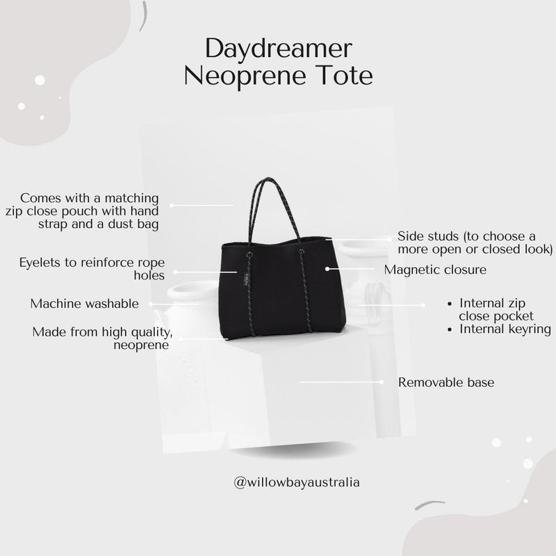 DAYDREAMER Neoprene Tote Bag with Closure - NAVY/WHITE-neoprene bag-shopping bag-handbag-travel bag-washable-vegan bag-Willow Bay Australia