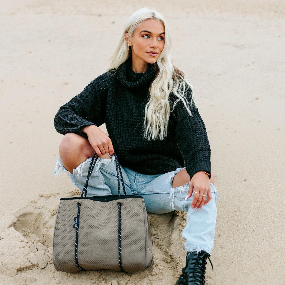 DAYDREAMER Neoprene Tote Bag With Closure - SAGE-neoprene bag-shopping bag-handbag-travel bag-washable-vegan bag-Willow Bay Australia