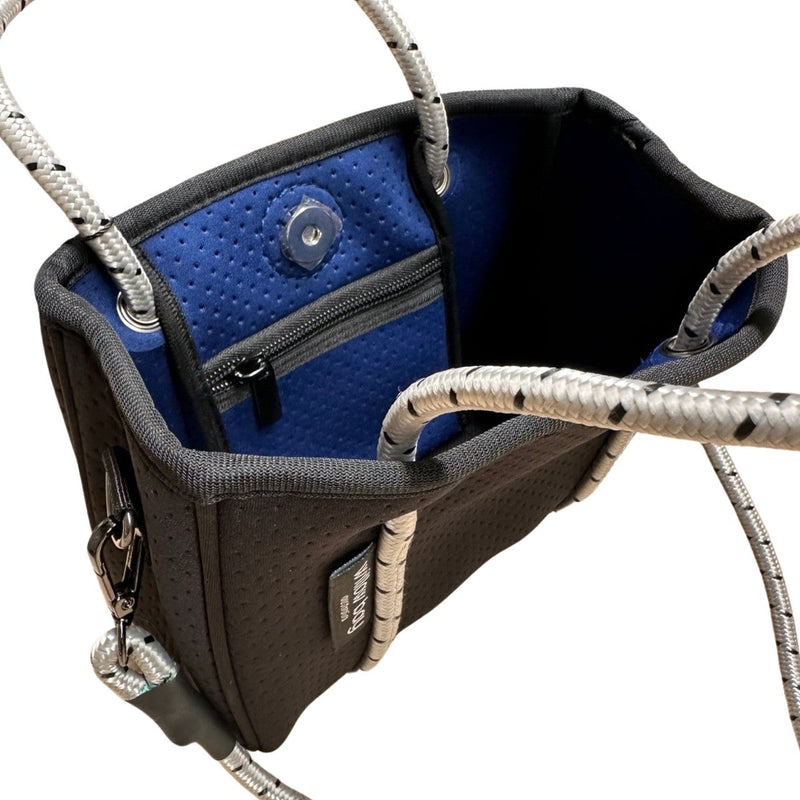 DAYDREAMER TINY Neoprene Tote Bag With Closure - BLACK/NAVY with Grey Rope (Limited Colour)-neoprene bag-shopping bag-handbag-travel bag-washable-vegan bag-Willow Bay Australia