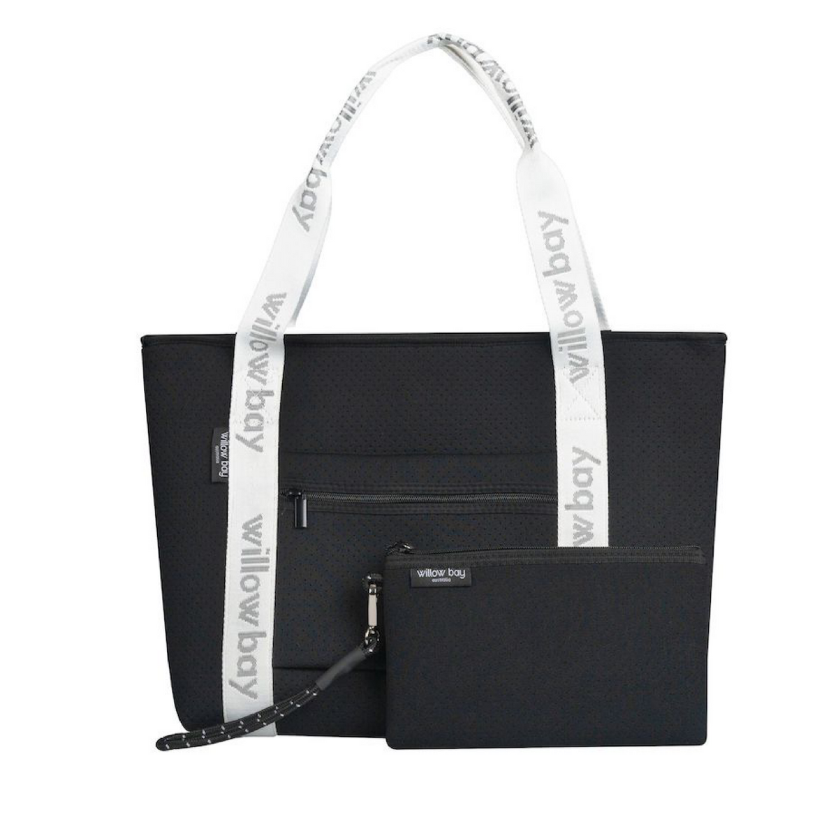 BOUTIQUE TRAVEL Neoprene Tote Bag With Zip (with luggage/trolley sleeve) - BLACK (WITH WHITE HANDLE)