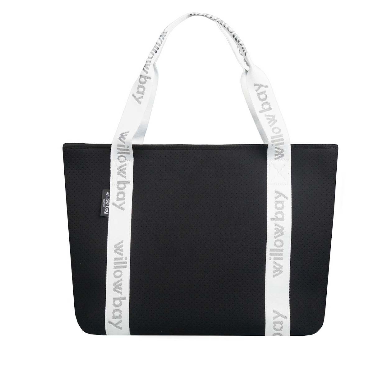 BOUTIQUE TRAVEL Neoprene Tote Bag With Zip (with luggage/trolley sleeve) - BLACK (WITH WHITE HANDLE)