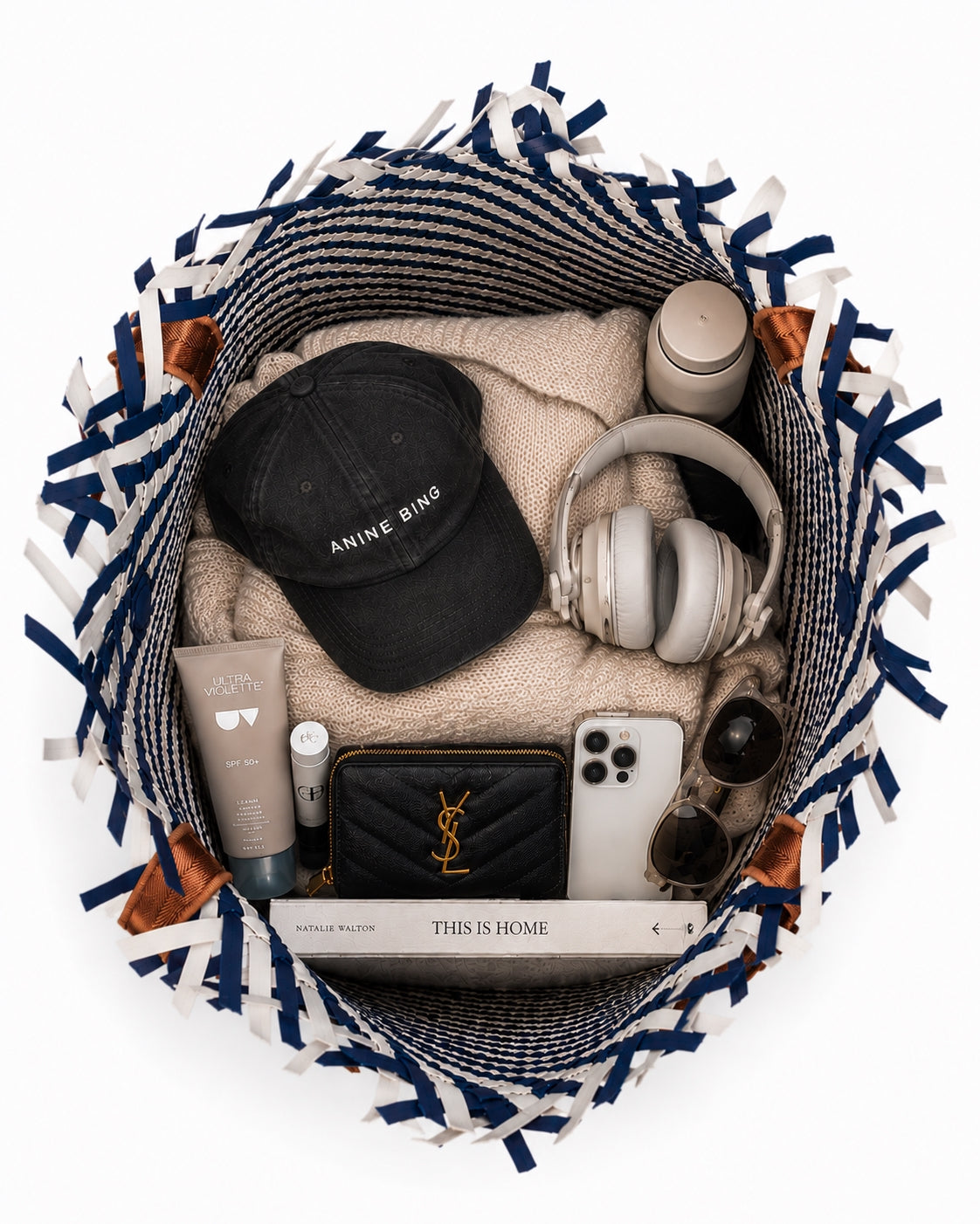 Woven Wanderer Large Tote Bag - Navy & White
