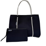 DAYDREAMER Neoprene Tote Bag With Closure - Black with Navy interior (off white rope with black fleck)-Tote Bag-Willow Bay Australia