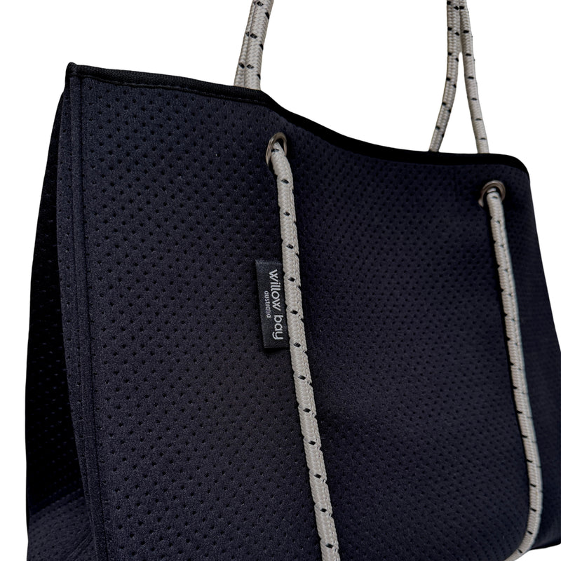 DAYDREAMER Neoprene Tote Bag With Closure - Black with Navy interior (off white rope with black fleck)-Tote Bag-Willow Bay Australia