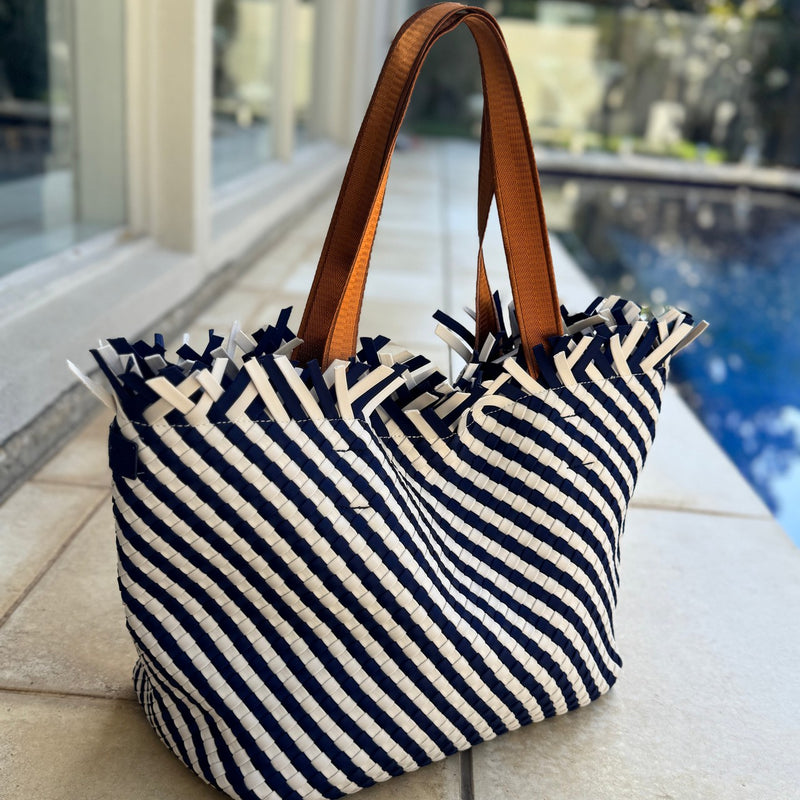 Woven Wanderer Large Tote Bag - Navy/White-Willow Bay Australia