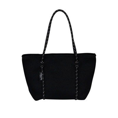 Black perforated neoprene mini tote bag with rope handles and double eyelets.
